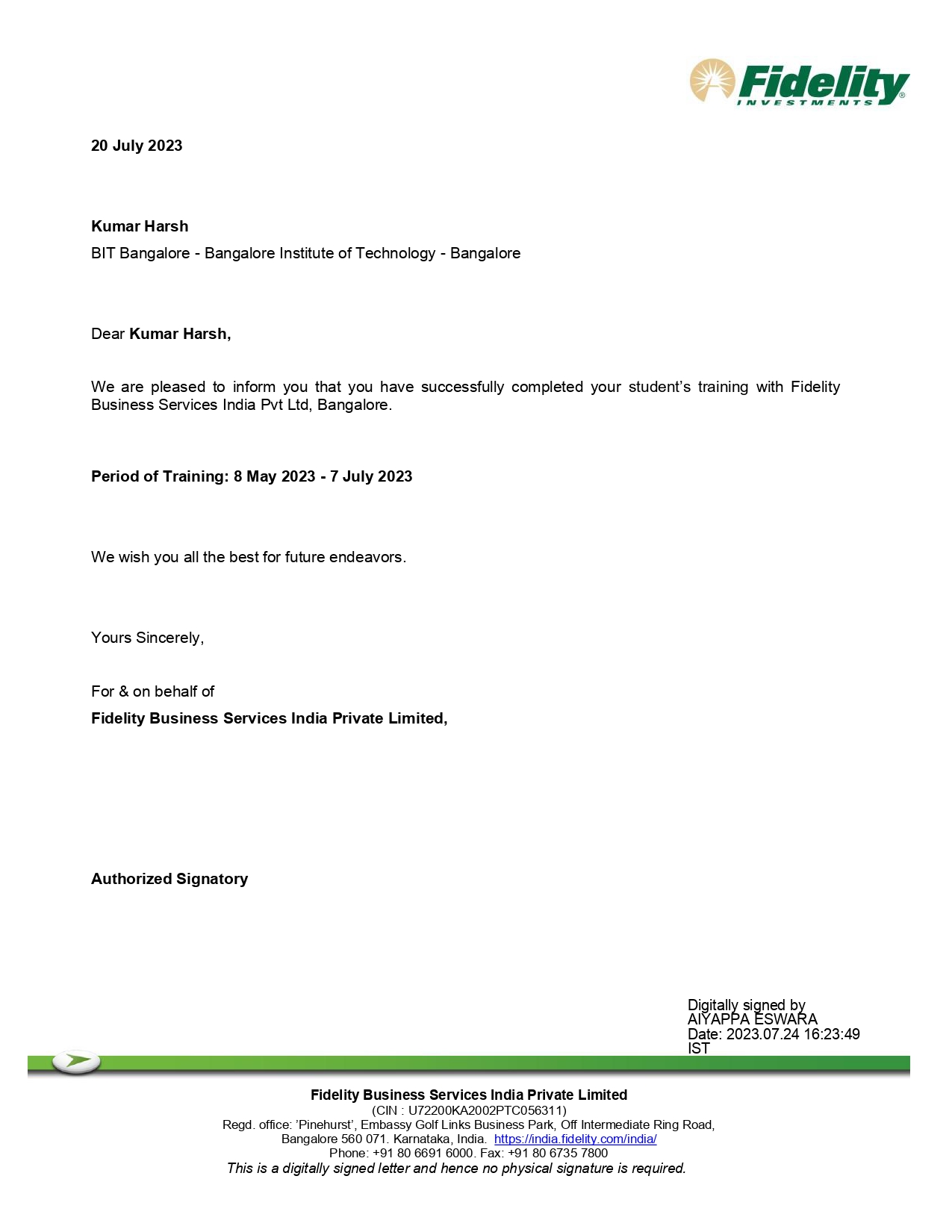 Internship Completion certificate
